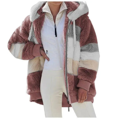 New Autumn/Winter Loose Plush Zipper Hooded Coat for Women