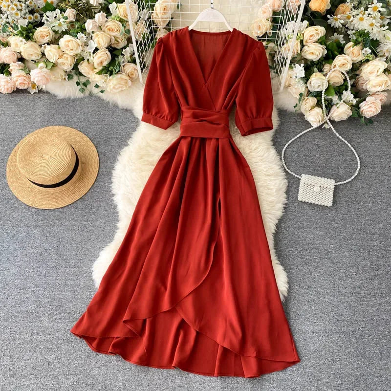 Women's Dress Spring New Temperament V-neck Solid Color Bubble Short-sleeved Irregular Ruffle Edge Lacing Dress Leisure Vestidos