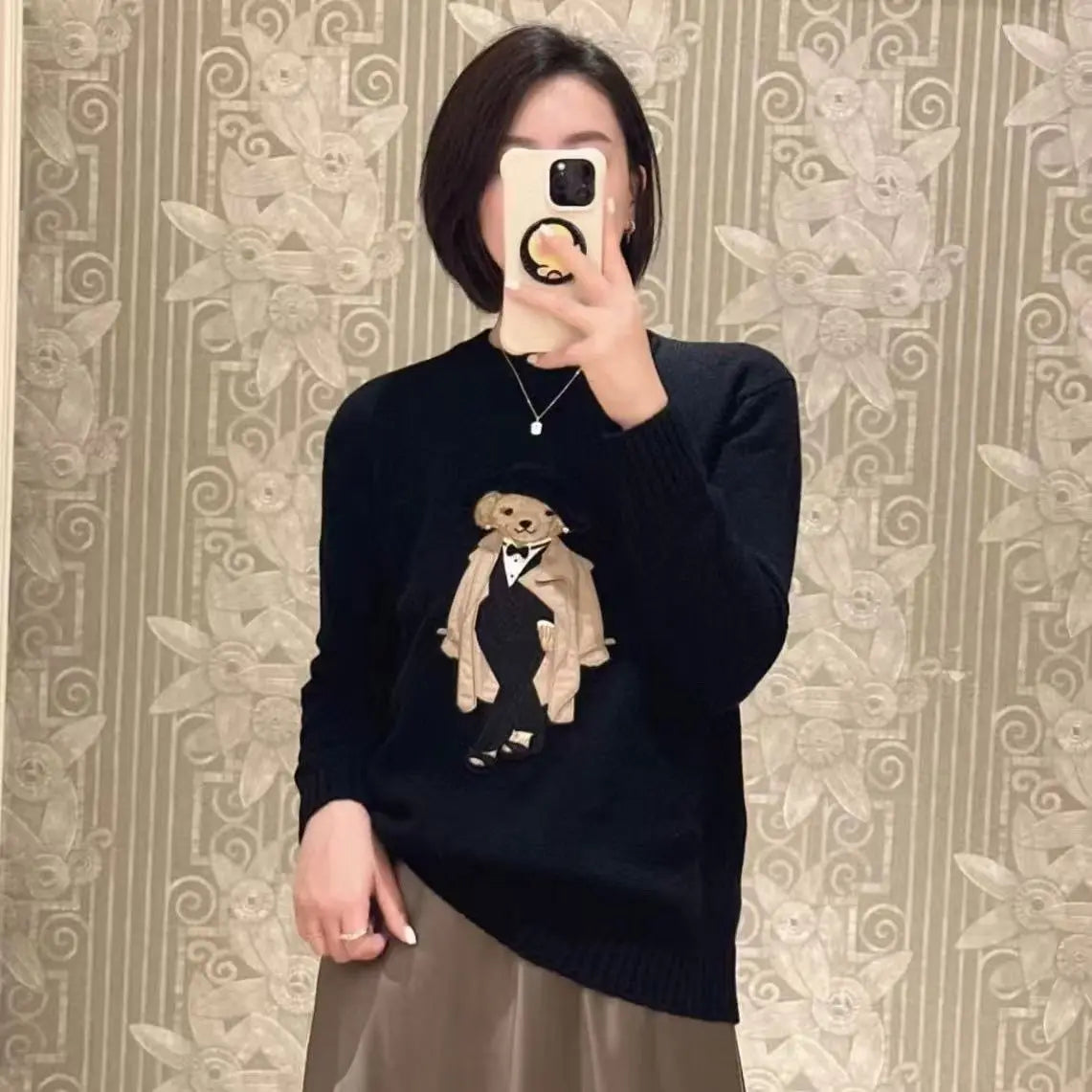 New Arrival European Elegant Bear Design Ladies Knit Sweater Pullover Knitted Tops Knitwear Women Clothes Jumper
