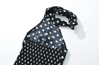 2025 Sexy Black White Polka Dot Halter Tank Top + Tie Bow Sashes Elastic Waist Ruched Ball Gown BUD Mini Skirt 2 Pieces 1 Set