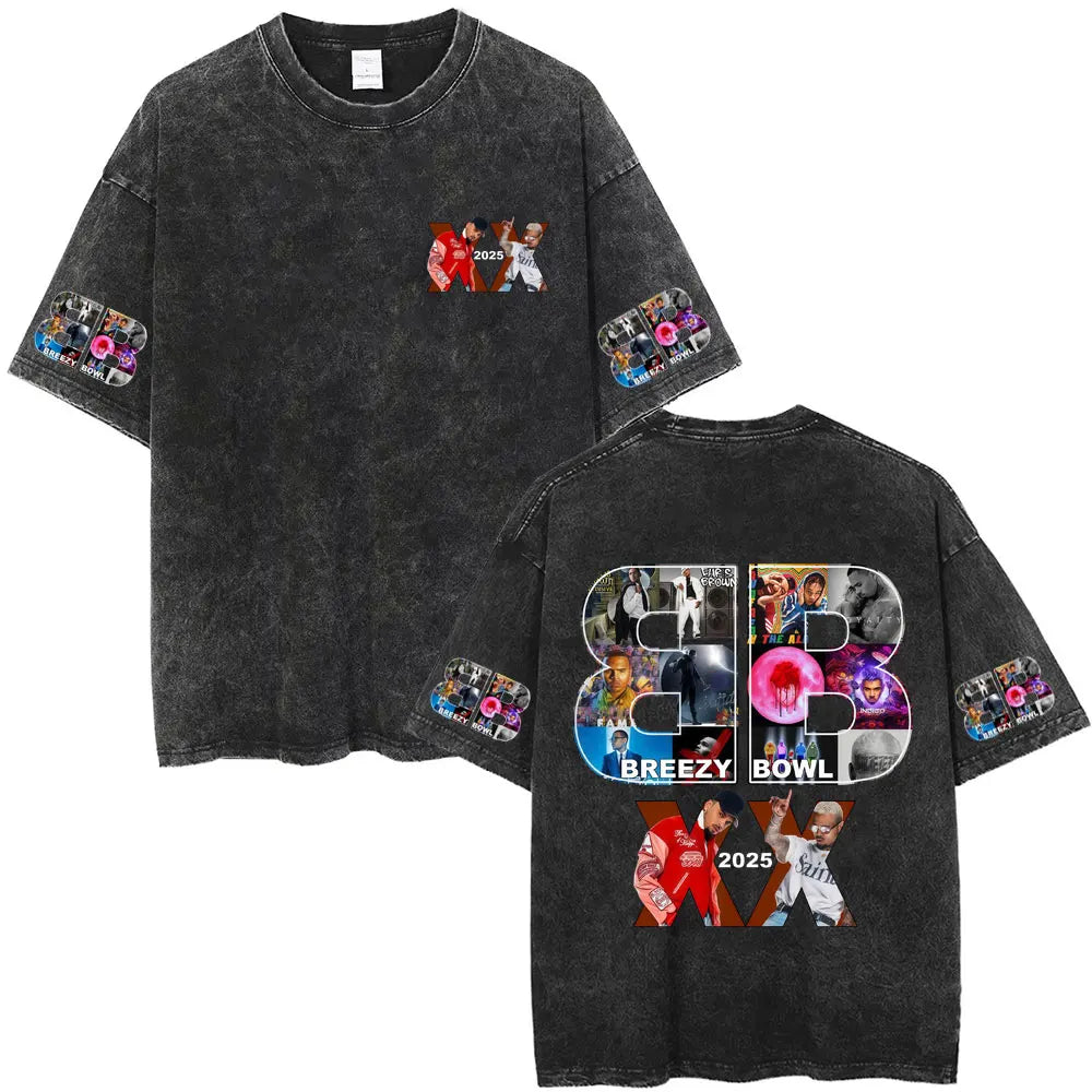 Vintage Washed Chris Brown Graphic T-shirt Breezy Bowl XX Tour 2025 Merch T Shirts Men Women Hip Hop Fashion Oversized T-shirts