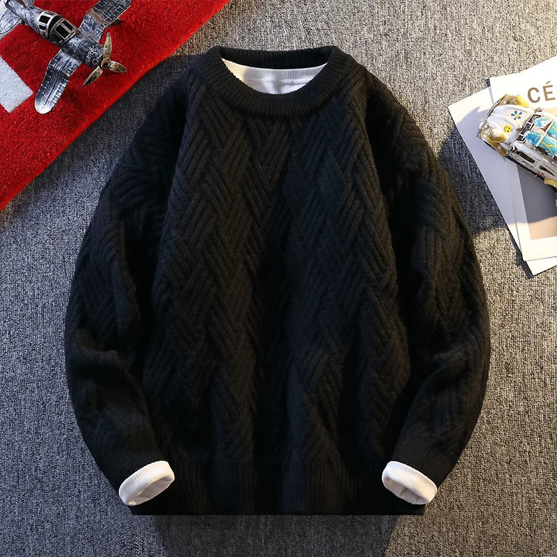 Knit Sweater Men Cable Pullover New Autumn Winter Diamond Pattern Loose Fit Solid Fashion Casual Streetwear Crew Neck Sweaters