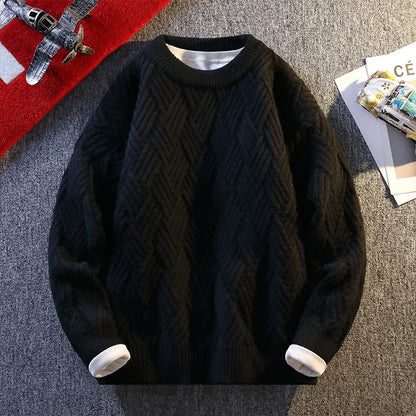 Knit Sweater Men Cable Pullover New Autumn Winter Diamond Pattern Loose Fit Solid Fashion Casual Streetwear Crew Neck Sweaters