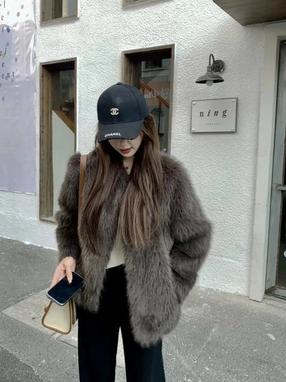 Winter Jacket New Furry Coat Womens Clothing Slim Fur One lmitation Fox Fur Jacket V-neck High Grade Loose Casual Top Womens