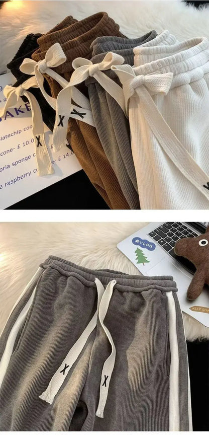 Thickened Fleece Corduroy Pants High Waist Loose Straight Leg Striped High School Students Autumn Winter Fashion Brand Teenag...