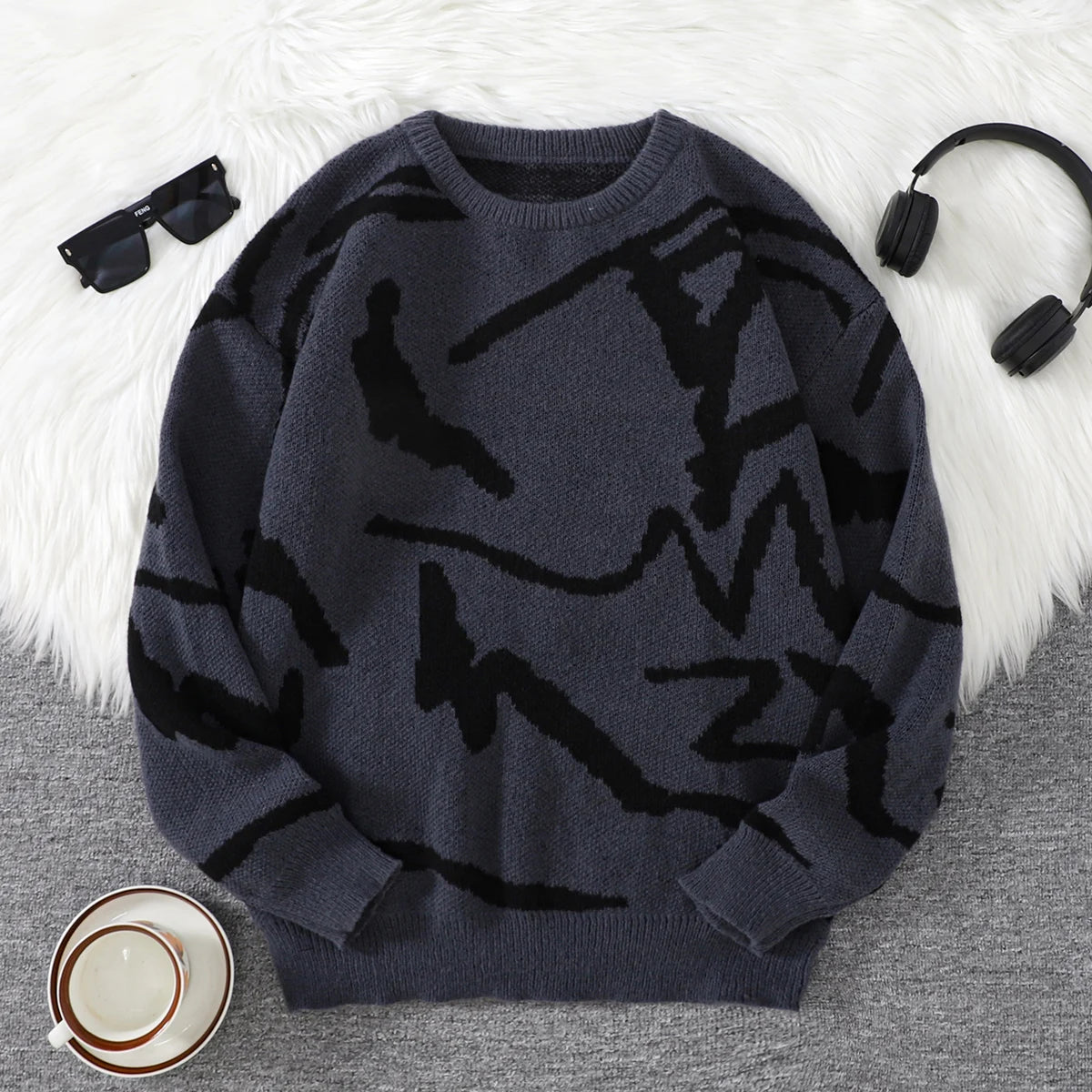 New Popular Spring Autumn Graffiti Jacquard Pattern Pullover Sweater Casual Round Neck Contrast Color Knitted Men's Pullover