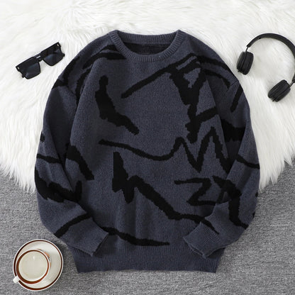 New Popular Spring Autumn Graffiti Jacquard Pattern Pullover Sweater Casual Round Neck Contrast Color Knitted Men's Pullover