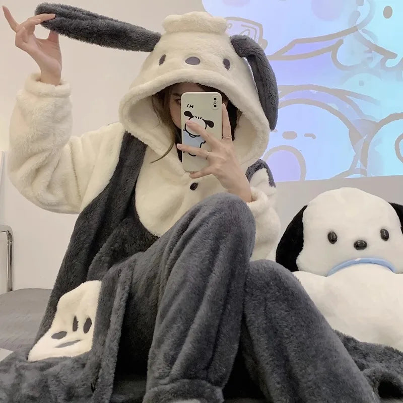 Miniso Kawaii Hellokitty Plush Robes Girls Cute Sanrio Anime Y2K Pajamas Hooded Blanket Casual Fleece Sleepwear Women Clothing