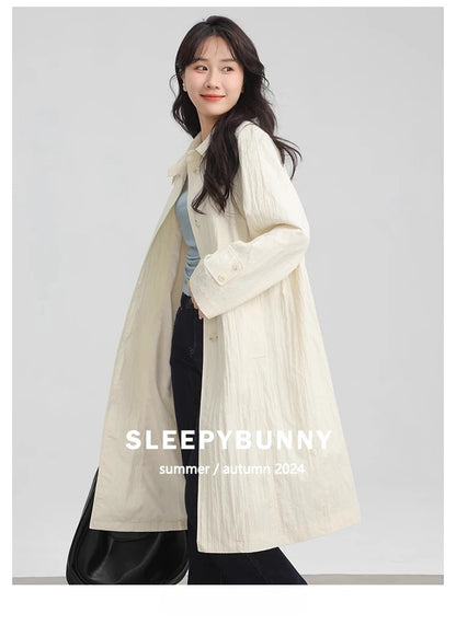 Wrinkled Double Cuff Belted Sleeve Trench Coat Women Loose Fit Lapel Collar Outerwear 2025 Casual Mid-Length Stylish Overcoat