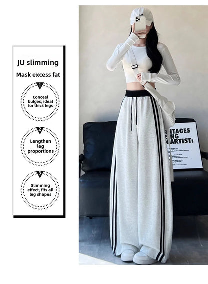 High Waist Wide Leg Pants Women's Spring Autumn New Style Loose American Knife Edge Sports Trousers Color Block Striped