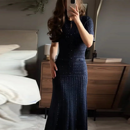 Summer Luxury Navy Blue Tweed Knit Maxi Dress Women Elegant Short Sleeve Button Front Pocket Mermaid Hem Formal Party Outfit New
