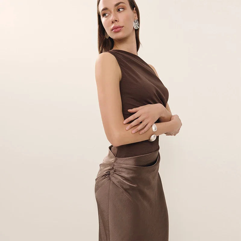 Luxary Solid Satin Maxi Dress Elegant One Shoulder Sleeveless High Waist Ruffle Robe 2025 New Summer Evening Party Clothing