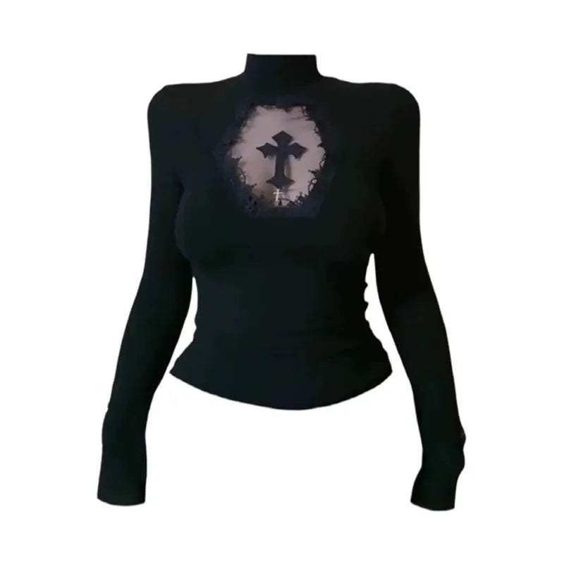 Genayooa Y2k Vintage T Shirt Women Hollow Out Tops Butterfly Patchwork Japanese 2000s Retro Grunge Tops Aesthetic Tshirts Gothic