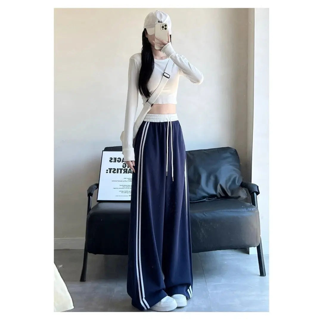 High Waist Wide Leg Pants Women's Spring Autumn New Style Loose American Knife Edge Sports Trousers Color Block Striped
