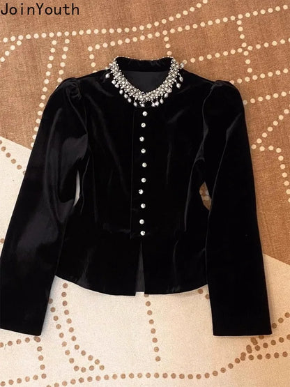 Blouses for Women Black Heavy Beading O-neck Puff Sleeve Shirts 2025 Blusas Mujer De Moda Slim Fit Velvet Vintage Blouse Tops