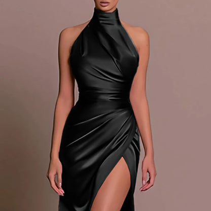 Summer New Half High Collar Halter Dress Elegant Slim Sleeveless Satin Evening Dress Chic Solid High Split Pleated Banquet Dress