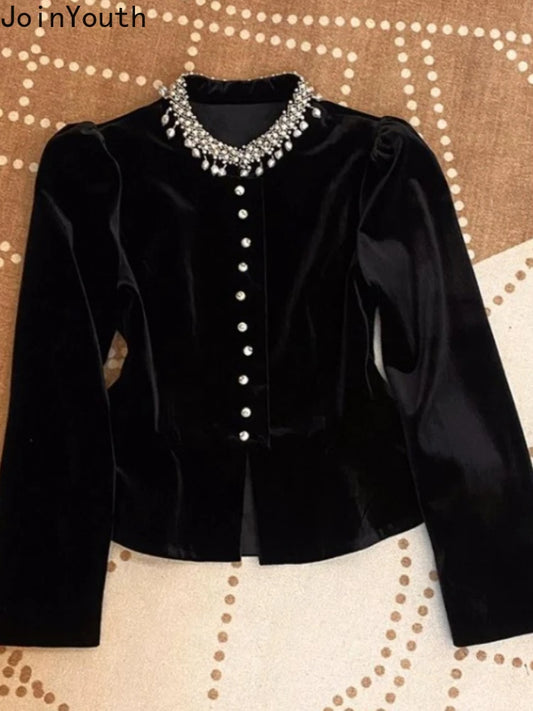 Blouses for Women Black Heavy Beading O-neck Puff Sleeve Shirts 2025 Blusas Mujer De Moda Slim Fit Velvet Vintage Blouse Tops