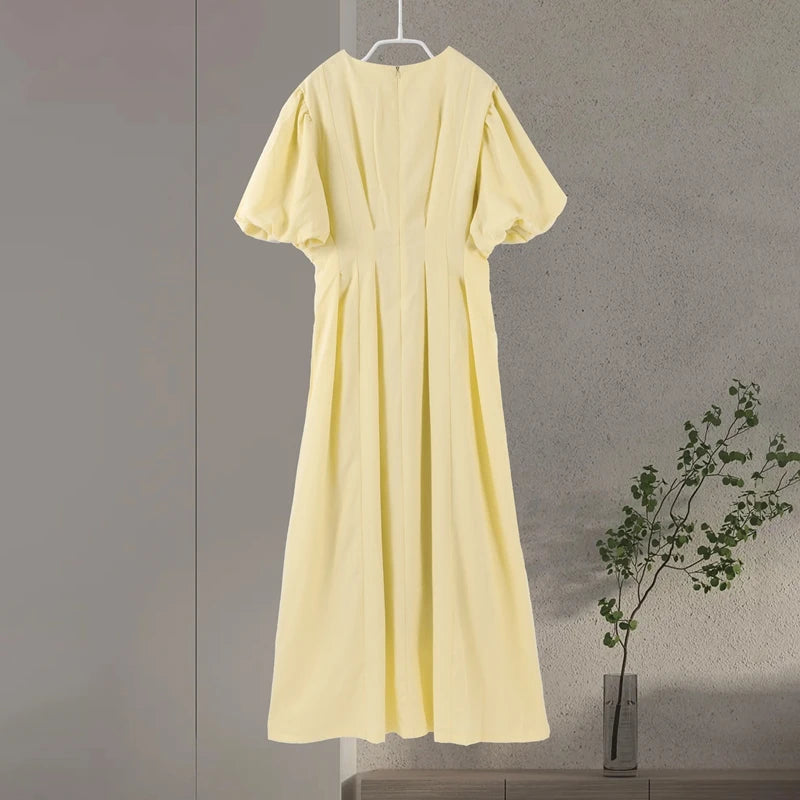 Casual Yellow Short Puff Sleeve Women Dress Loose Solid O-neck Pleated High Waist Female Maxi Dresses 2025 Summer Chic Lady Robe