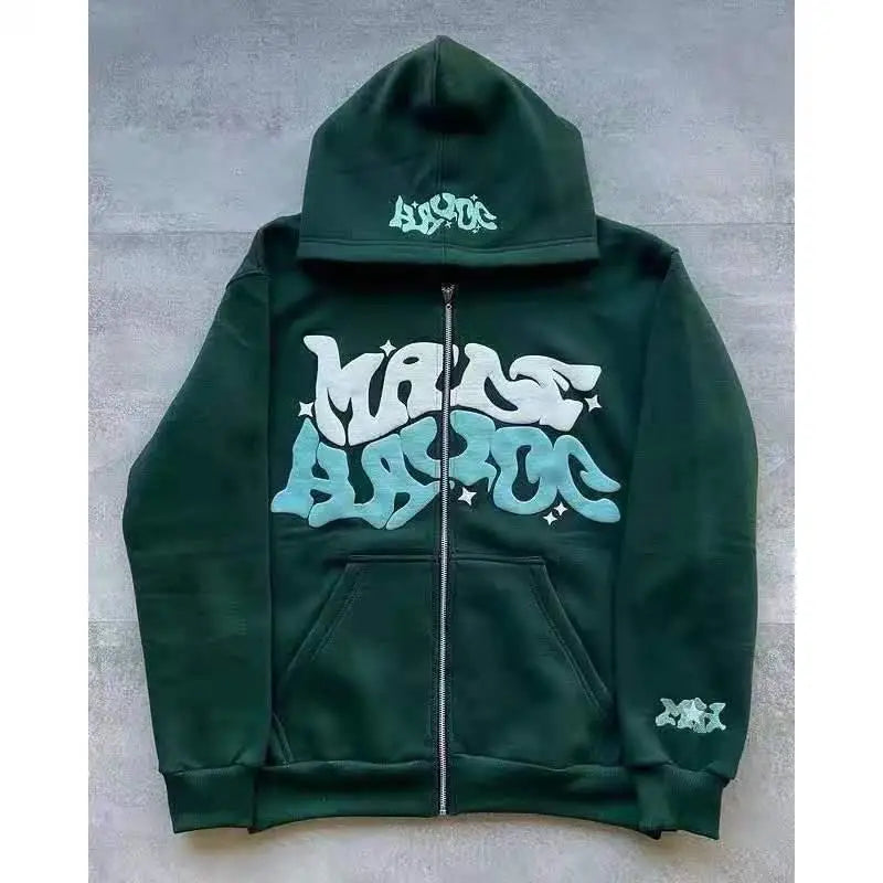 Retro Star and Letter Printed Zipper Hoodies 2025 Spring Autumn Harajuku Y2K Women and Men Fashion Hip Hop Long Sleeve Hooded