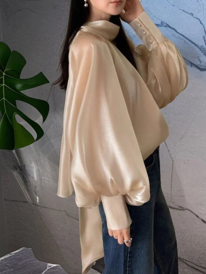 Ele Women's irt Design Spring Season Sa  Knot Chiffon Lantern Sve Top French Sle Loose Fit Long Sve