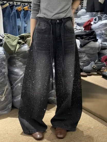Glittering Rhinestone Denim Pants Women's Jeans New Wide Leg  Design Sensation Floor-Length Pants loose jeans