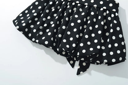 2025 Sexy Black White Polka Dot Halter Tank Top + Tie Bow Sashes Elastic Waist Ruched Ball Gown BUD Mini Skirt 2 Pieces 1 Set