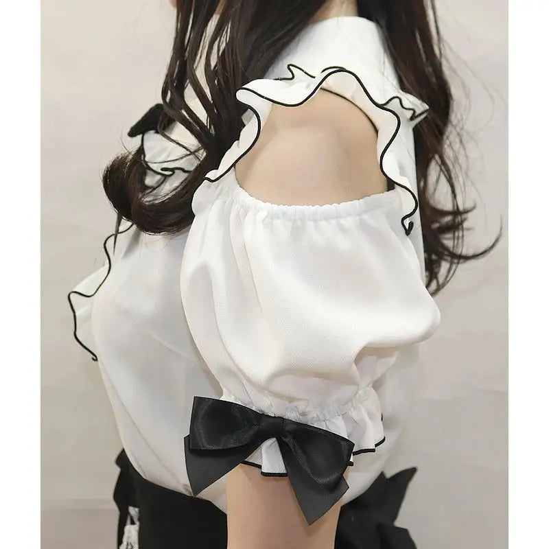 Sweet Lolita Fashion All Match Blouses Women Japanese Summer Y2k Aesthetic Ruffled Bow Shirts Girly Kawaii Patchwork Tops Blusas