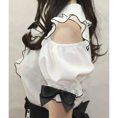 Sweet Lolita Fashion All Match Blouses Women Japanese Summer Y2k Aesthetic Ruffled Bow Shirts Girly Kawaii Patchwork Tops Blusas