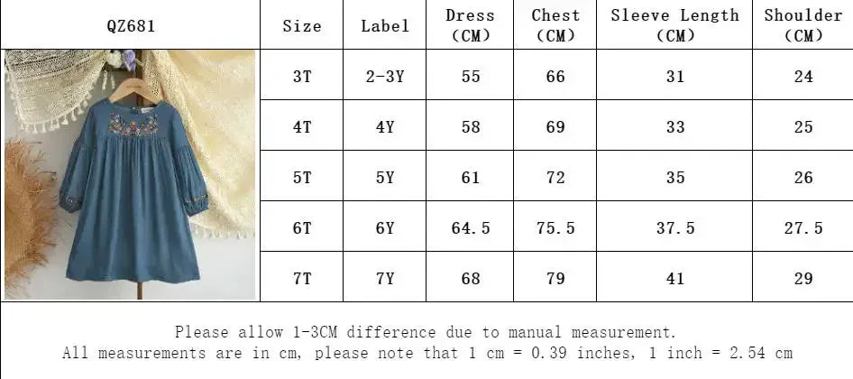 Bear Leader Korean Version Long Sleeve Blue Girls dresses on clearance sale Autumn Imitation Denim Flower Embroidery Dress