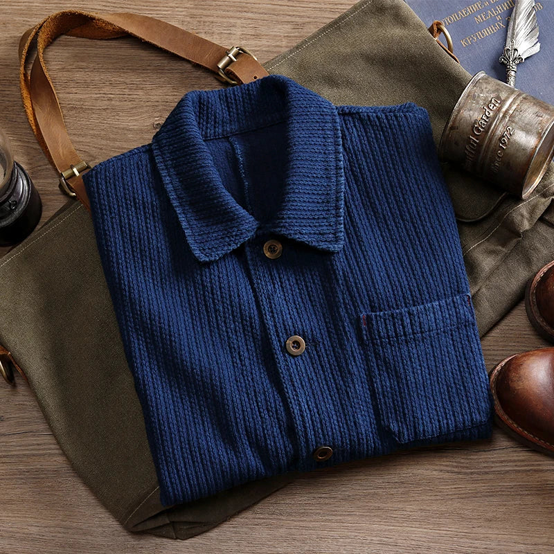 Indigo Cargo Jacket Men Vintage Heavy Weight Cotton Blue Dyed Workwear Tooling Jacket French Retro Multi-pocket Cardigan Coat