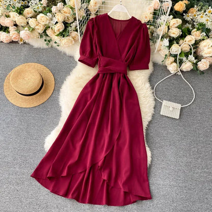 Women's Dress Spring New Temperament V-neck Solid Color Bubble Short-sleeved Irregular Ruffle Edge Lacing Dress Leisure Vestidos