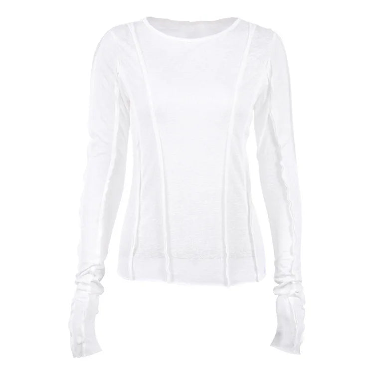White O-Neck Women'S T-Shirt 2022 Elegant Yellow Long Sleeve Fall Tee Shirt Casual Slim Elastic Solid Top Female