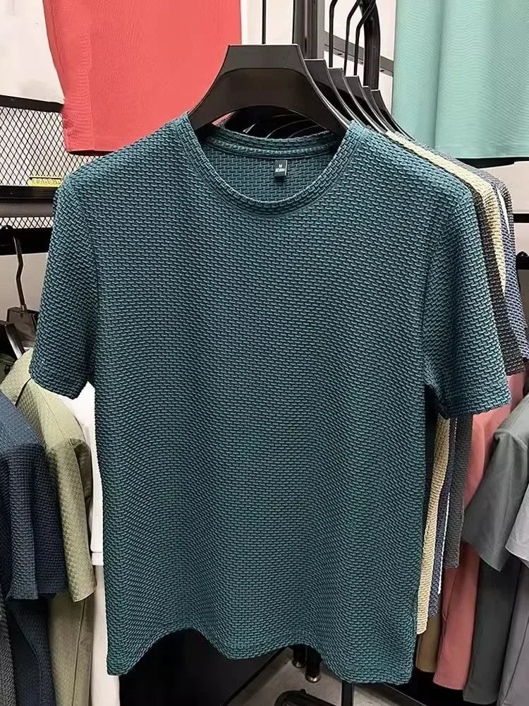 Men's Short Sleeve Mesh Bamboo Ice Silk T-shirt Casual Versatile Summer Elastic Slimming Top for Men 2029