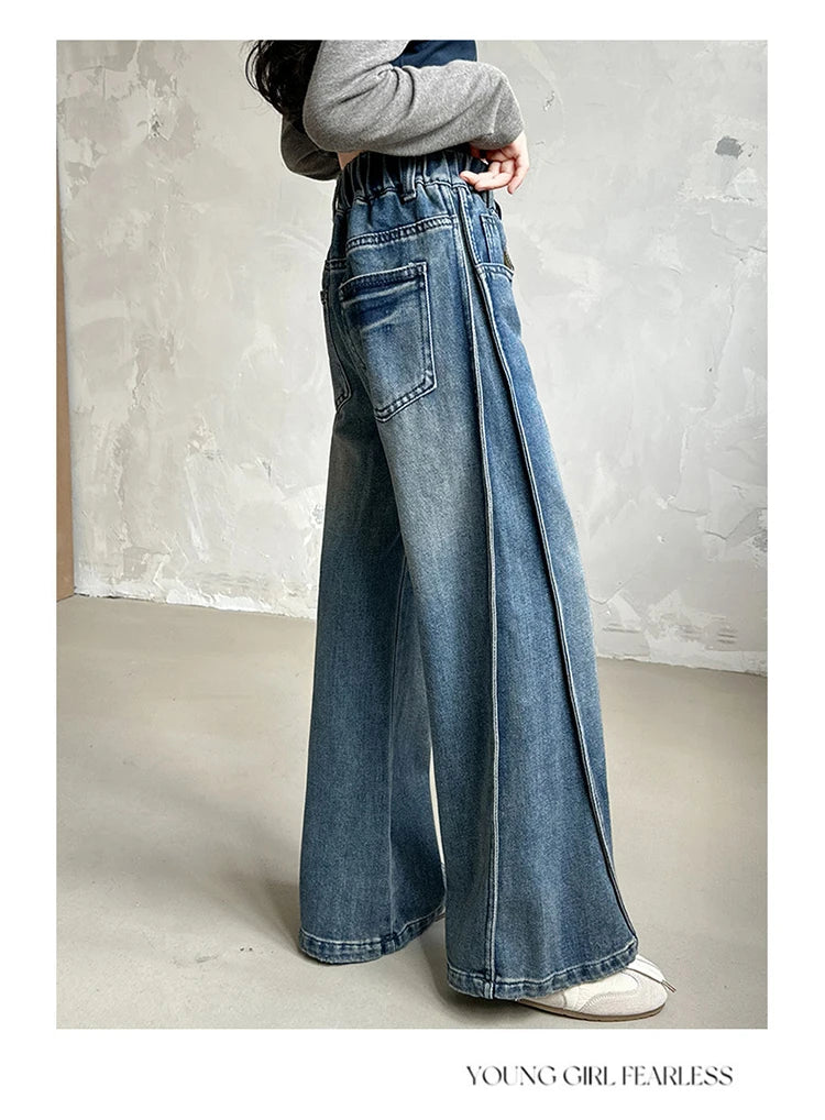 New Autumn Tween Girl Dark Blue Jeans Foldable Wide Leg Denim Pants Kids Child Spring High Waist Jeans Trousers Age 4 To 14 Y