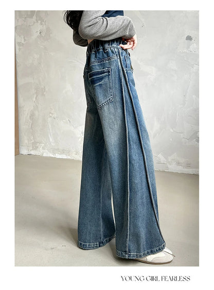 New Autumn Tween Girl Dark Blue Jeans Foldable Wide Leg Denim Pants Kids Child Spring High Waist Jeans Trousers Age 4 To 14 Y