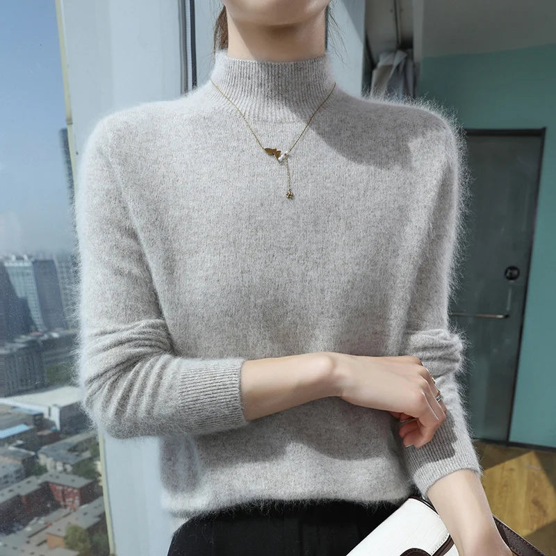 100% Pure Mink Cashmere Knitted Sweater Women's Semi-High Neck Loose Pullovers Casual Joker Warm Bottoming Shirt Autumn Blouse