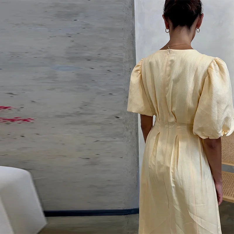 Casual Yellow Short Puff Sleeve Women Dress Loose Solid O-neck Pleated High Waist Female Maxi Dresses 2025 Summer Chic Lady Robe