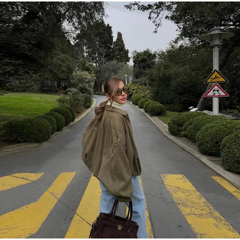 Single Breasted Buckle Casual Suede Jacket Women Chic Shoulder Pad Full Sleeve Lapel Slim Coat Autumn Lady New Highstreet Wear
