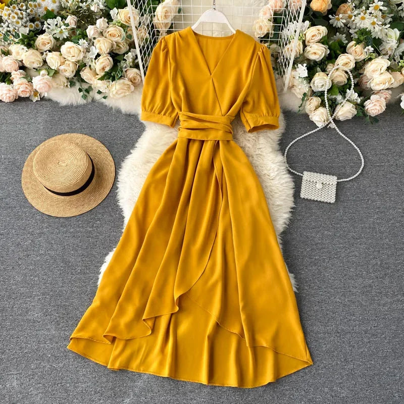 Women's Dress Spring New Temperament V-neck Solid Color Bubble Short-sleeved Irregular Ruffle Edge Lacing Dress Leisure Vestidos