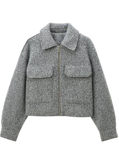 XNWMNZ 2024 Women's Fashion Autumn/Winter crop jacket Women Retro lapel neck long sleeve flaps patch pockets zipper female coat