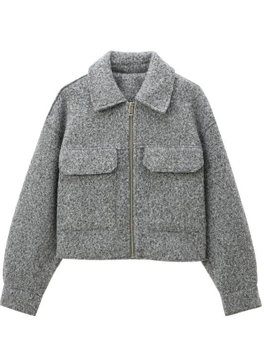 XNWMNZ 2024 Women's Fashion Autumn/Winter crop jacket Women Retro lapel neck long sleeve flaps patch pockets zipper female coat