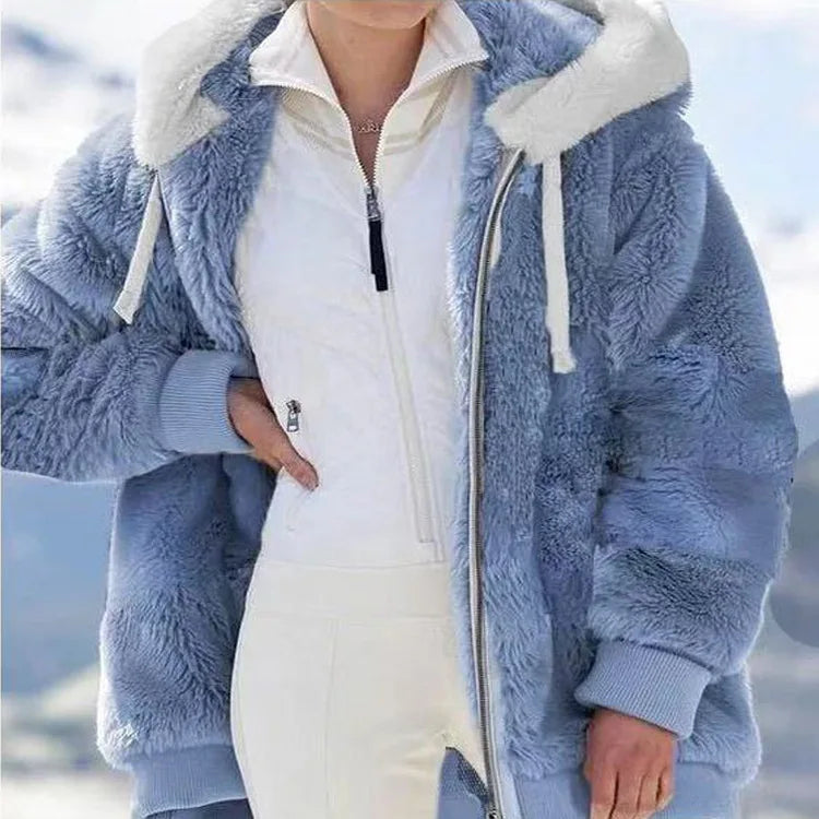 New Autumn/Winter Loose Plush Zipper Hooded Coat for Women