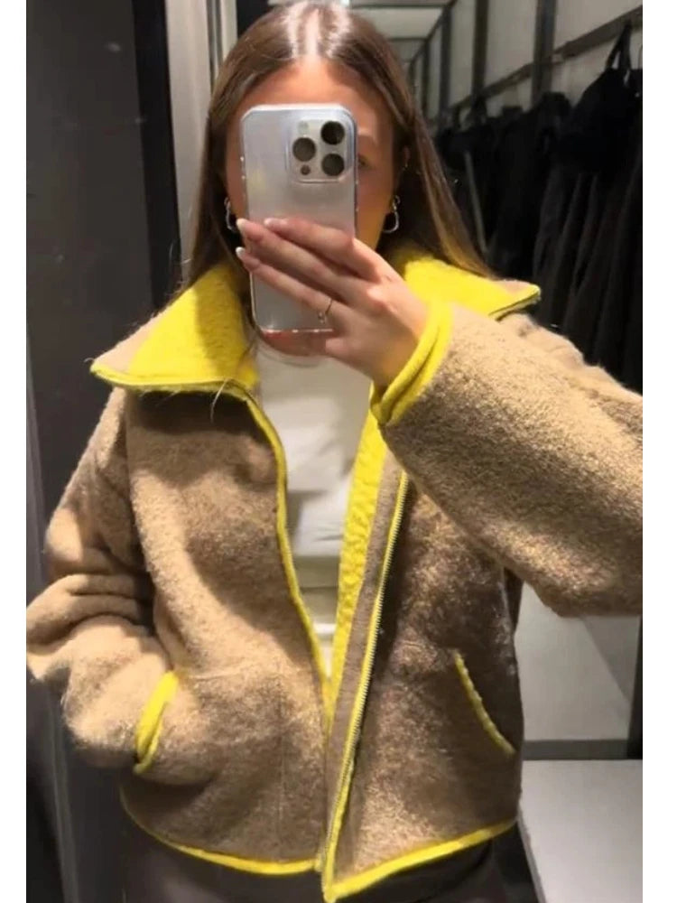 Patchwork Knit Women's Cardigan Coat Lapel Zipper Pockets Full Sleeve Sweater For Woman Autumn Winter Lady Jacket Outerwear