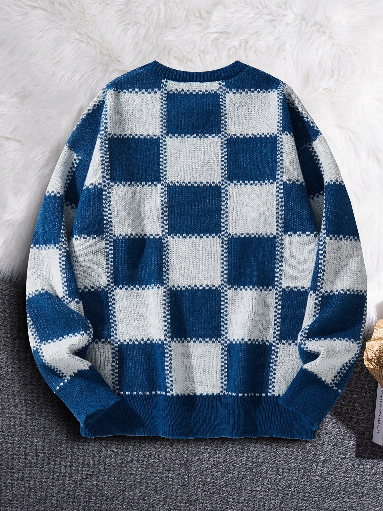 Retro Trendy Plaid Jacquard Pattern Pullover Sweater Casual Round Neck Color-Block Knit Men's Pullover
