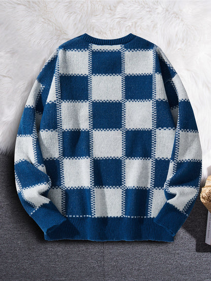 Retro Trendy Plaid Jacquard Pattern Pullover Sweater Casual Round Neck Color-Block Knit Men's Pullover