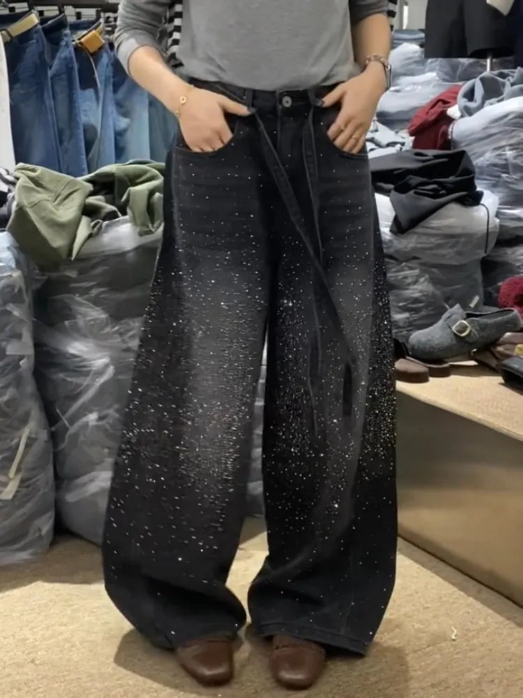 Glittering Rhinestone Denim Pants Women's Jeans New Wide Leg  Design Sensation Floor-Length Pants loose jeans