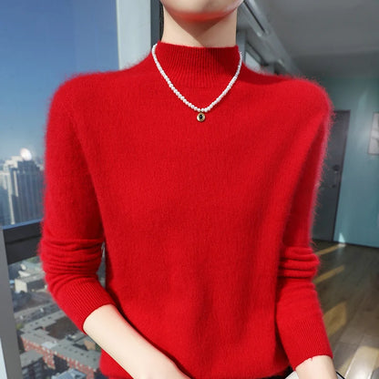 100% Pure Mink Cashmere Knitted Sweater Women's Semi-High Neck Loose Pullovers Casual Joker Warm Bottoming Shirt Autumn Blouse