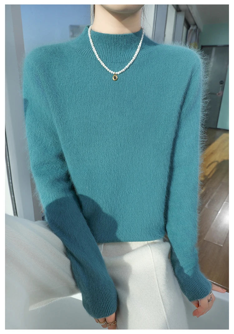 100% Pure Mink Cashmere Knitted Sweater Women's Semi-High Neck Loose Pullovers Casual Joker Warm Bottoming Shirt Autumn Blouse