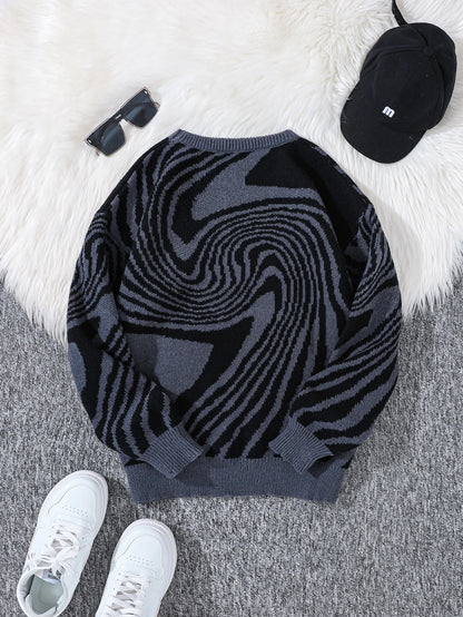 New Popular Autumn and Winter Maze Jacquard Pattern Pullover Sweater Casual Round Neck Contrast Color Knitted Men's Pullover