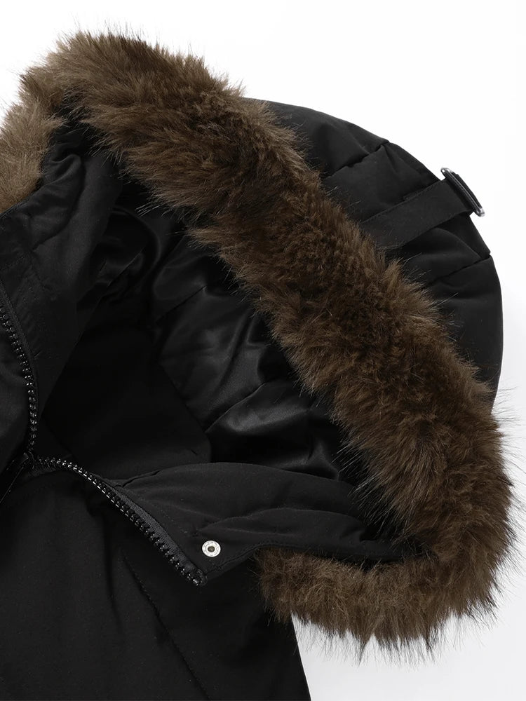 Hooded Faux Fur Collar Padded Coat Women Elegant Lantern Full Sleeve Single Breasted Pocket Ruched Winter Coats Chic Outerwears